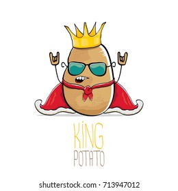 vector funny cartoon cool cute brown smiling king potato with gold crown and red mantle or cape isolated on white background. vegetable funky character