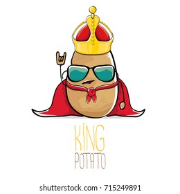 vector funny cartoon cool cute brown smiling king potato with gold crown and red mantle or cape isolated on white background. vegetable funky character