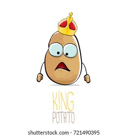 vector funny cartoon cool cute brown smiling king potato icon with gold crown isolated on white background. vegetable funky character