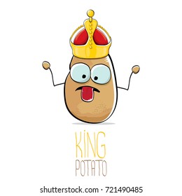 vector funny cartoon cool cute brown smiling king potato icon with gold crown isolated on white background. vegetable funky character
