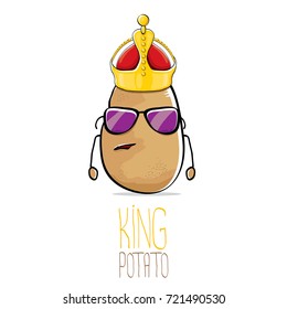 vector funny cartoon cool cute brown smiling king potato icon with gold crown isolated on white background. vegetable funky character