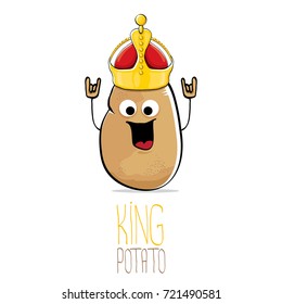 vector funny cartoon cool cute brown smiling king potato icon with gold crown isolated on white background. vegetable funky character