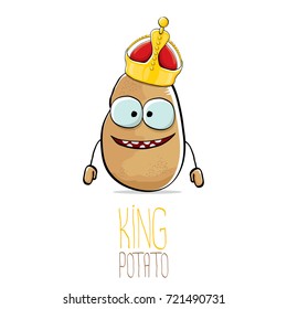 vector funny cartoon cool cute brown smiling king potato icon with gold crown isolated on white background. vegetable funky character