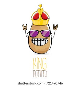 vector funny cartoon cool cute brown smiling king potato icon with gold crown isolated on white background. vegetable funky character