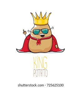 vector funny cartoon cool cute brown smiling king potato with gold crown and red mantle or cape isolated on white background. vegetable funky character