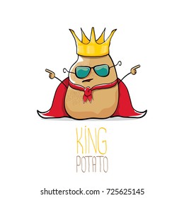 vector funny cartoon cool cute brown smiling king potato with gold crown and red mantle or cape isolated on white background. vegetable funky character