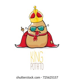 vector funny cartoon cool cute brown smiling king potato with gold crown and red mantle or cape isolated on white background. vegetable funky character
