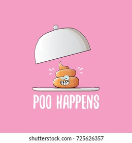 vector funny cartoon cool cute brown smiling poo icon sitting on food silver tray isolated on pink background. emoji funky character. poo happens concept illustration