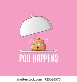 vector funny cartoon cool cute brown smiling poo icon sitting on food silver tray isolated on pink background. emoji funky character. poo happens concept illustration