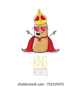 vector funny cartoon cool cute brown smiling king potato with gold crown and red mantle or cape isolated on white background. vegetable funky character