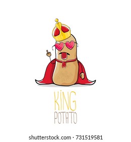 vector funny cartoon cool cute brown smiling king potato with gold crown and red mantle or cape isolated on white background. vegetable funky character