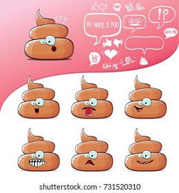 vector funny cartoon cool cute brown smiling poo icon set isolated on white background. emoji funky character collection. vector poo stickers