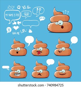 vector funny cartoon cool cute brown smiling poo icon set isolated on blue background. emoji funky character collection. vector poo stickers collection