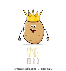 vector funny cartoon cool cute brown smiling king potato icon with gold crown isolated on white background. vegetable funky character