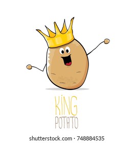 vector funny cartoon cool cute brown smiling king potato icon with gold crown isolated on white background. vegetable funky character