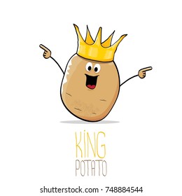 vector funny cartoon cool cute brown smiling king potato icon with gold crown isolated on white background. vegetable funky character