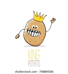 vector funny cartoon cool cute brown smiling king potato icon with gold crown isolated on white background. vegetable funky character