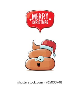 vector funny cartoon cool cute brown smiling poo icon with santa red hat and speech bubble isolated on white background. emoji funky christmas character. 