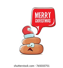 vector funny cartoon cool cute brown smiling poo icon with santa red hat and speech bubble isolated on white background. emoji funky christmas character. 