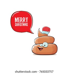 vector funny cartoon cool cute brown smiling poo icon with santa red hat and speech bubble isolated on white background. emoji funky christmas character. 