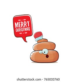 vector funny cartoon cool cute brown smiling poo icon with santa red hat and speech bubble isolated on white background. emoji funky christmas character. 