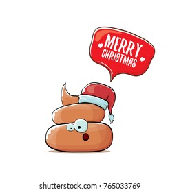 vector funny cartoon cool cute brown smiling poo icon with santa red hat and speech bubble isolated on white background. emoji funky christmas character. 