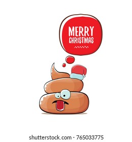 vector funny cartoon cool cute brown smiling poo icon with santa red hat and speech bubble isolated on white background. emoji funky christmas character. 