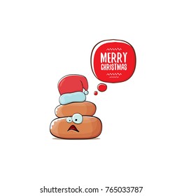 vector funny cartoon cool cute brown smiling poo icon with santa red hat and speech bubble isolated on white background. emoji funky christmas character. 