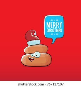 vector funny cartoon cool cute brown smiling poo icon with santa red hat and speech bubble isolated on christmas red background. emoji funky christmas character.