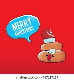 vector funny cartoon cool cute brown smiling poo icon with santa red hat and speech bubble isolated on christmas red background. emoji funky christmas character.