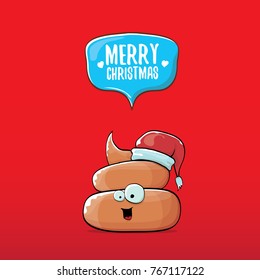 vector funny cartoon cool cute brown smiling poo icon with santa red hat and speech bubble isolated on christmas red background. emoji funky christmas character.