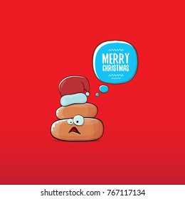 vector funny cartoon cool cute brown smiling poo icon with santa red hat and speech bubble isolated on christmas red background. emoji funky christmas character.