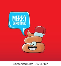 vector funny cartoon cool cute brown smiling poo icon with santa red hat and speech bubble isolated on christmas red background. emoji funky christmas character.