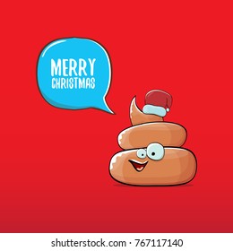 vector funny cartoon cool cute brown smiling poo icon with santa red hat and speech bubble isolated on christmas red background. emoji funky christmas character.