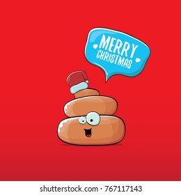 vector funny cartoon cool cute brown smiling poo icon with santa red hat and speech bubble isolated on christmas red background. emoji funky christmas character.
