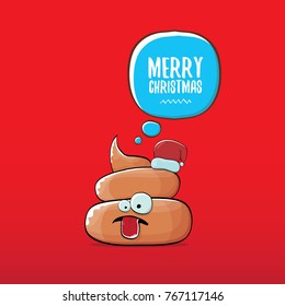 vector funny cartoon cool cute brown smiling poo icon with santa red hat and speech bubble isolated on christmas red background. emoji funky christmas character.