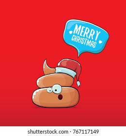 vector funny cartoon cool cute brown smiling poo icon with santa red hat and speech bubble isolated on christmas red background. emoji funky christmas character.
