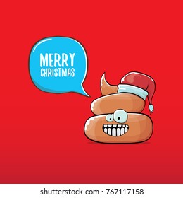 vector funny cartoon cool cute brown smiling poo icon with santa red hat and speech bubble isolated on christmas red background. emoji funky christmas character.
