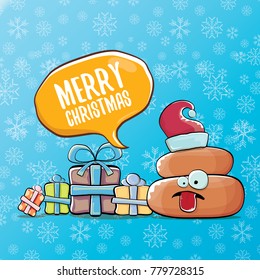 vector funny cartoon cool cute brown smiling poo icon with santa red hat, christmas gift boxes and speech bubble  on blue background with snow. emoji funky christmas character.