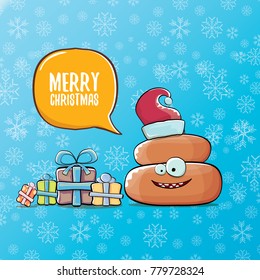 vector funny cartoon cool cute brown smiling poo icon with santa red hat, christmas gift boxes and speech bubble  on blue background with snow. emoji funky christmas character.