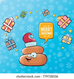 vector funny cartoon cool cute brown smiling poo icon with santa red hat, christmas gift boxes and speech bubble  on blue background with snow. emoji funky christmas character.