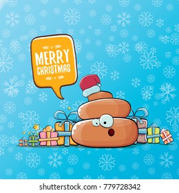 vector funny cartoon cool cute brown smiling poo icon with santa red hat, christmas gift boxes and speech bubble  on blue background with snow. emoji funky christmas character.