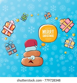 vector funny cartoon cool cute brown smiling poo icon with santa red hat, christmas gift boxes and speech bubble  on blue background with snow. emoji funky christmas character.