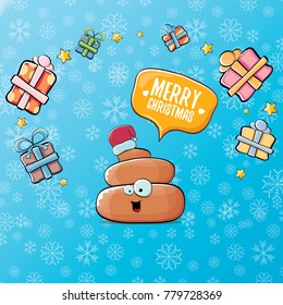 vector funny cartoon cool cute brown smiling poo icon with santa red hat, christmas gift boxes and speech bubble  on blue background with snow. emoji funky christmas character.