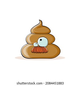 Vektorkomischer Cartoon cool lächelnd poo Symbol einzeln auf weißem Hintergrund. Emoji funky Poo Charakter. Ein Haufen Pflaster auf einem Aufkleber oder Etikett