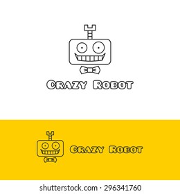 Vector Funny Cartoon Crazy Robot Logotype. Cute Outline Robot Logo.