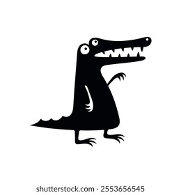 Vector funny cartoon crocodile in black and white silhouette. Adding humor to any design. Minimalist reptile illustration is ideal for playful, wild, or quirky projects