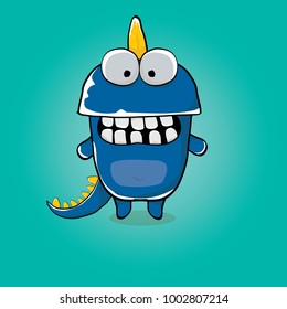 Vector Funny Cartoon Cute Blue Monster Dinosaur Isolated On Azure Background. Vector Funny Orange Mascot Dragon . Hand Drawn Dino Logo Design Template