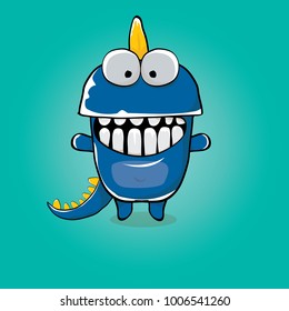 vector funny cartoon cute blue monster dinosaur isolated on azure background. Vector funny orange mascot dragon . Hand drawn Dino logo design template