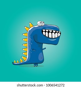 vector funny cartoon cute blue monster dinosaur isolated on azure background. Vector funny orange mascot dragon . Hand drawn Dino logo design template